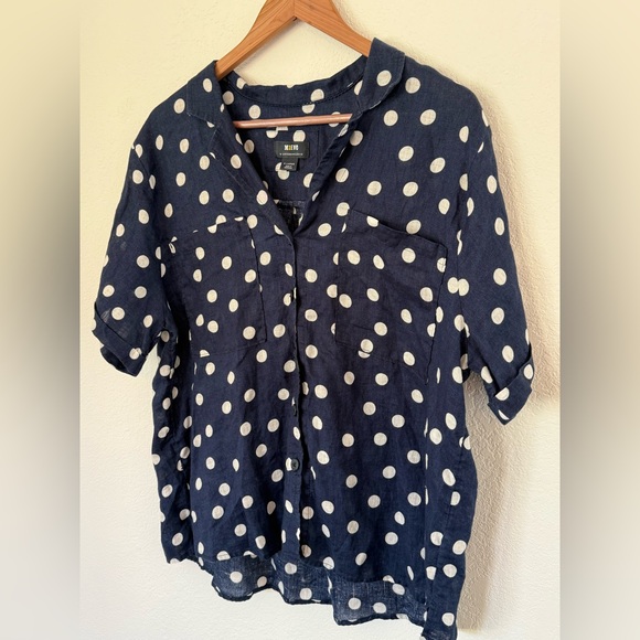 Anthropologie Maeve Navy Polka Dot Top 100% Linen, Button-Up, Size XL - Picture 4 of 7